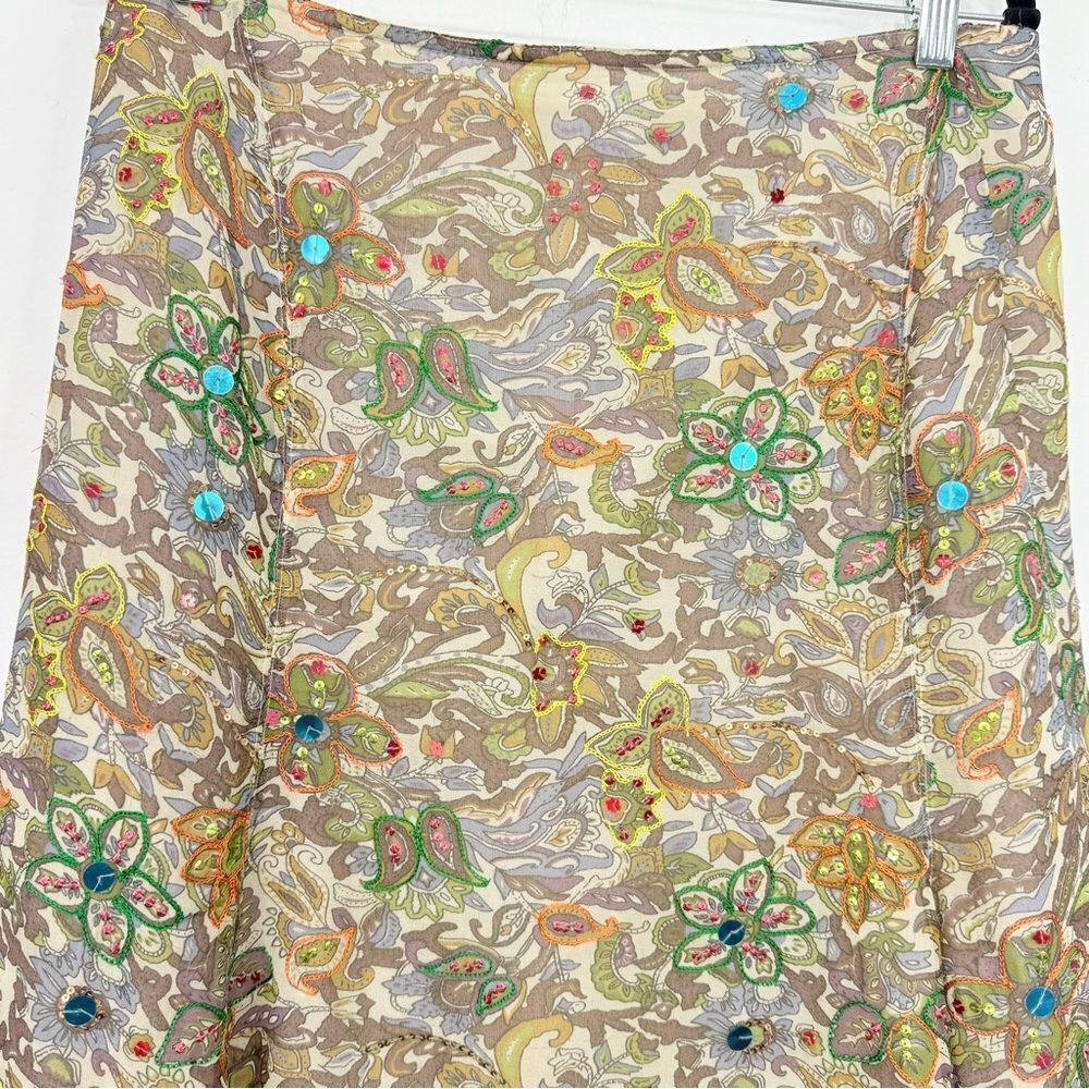Strenesse Blue Brown Colorful Sequin Embroidered 100% Silk Paisley Floral Skirt - Picture 4 of 16